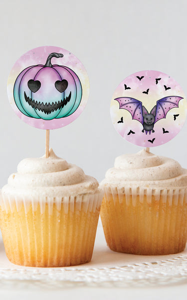 Pastel Bats and Jack-o-Lantern Cupcake Toppers/Party Circles - Greengate Images