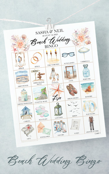 Beach Wedding Bingo - 100 cards with personalized header