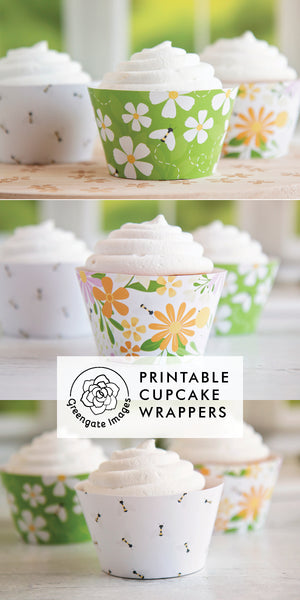 Spring Green Bees and Flowers Cupcake Wrapper Set