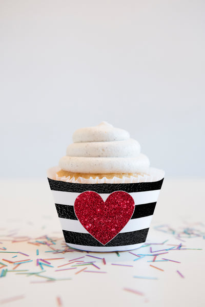 Valentine Cupcake Wrappers - Black Stripes, Red Glitter Heart