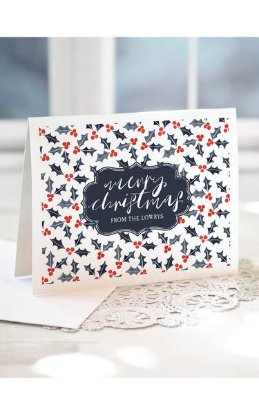 Christmas Note Card - Navy and Red Holly
