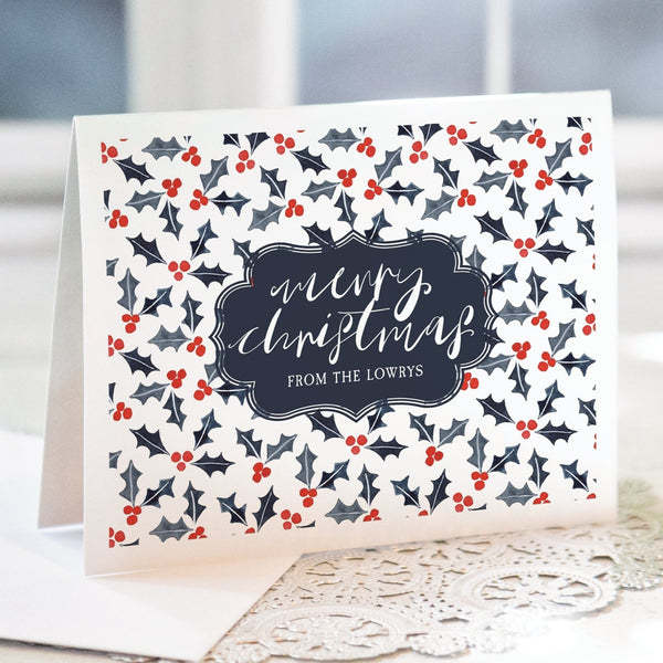 Christmas Note Card - Navy and Red Holly