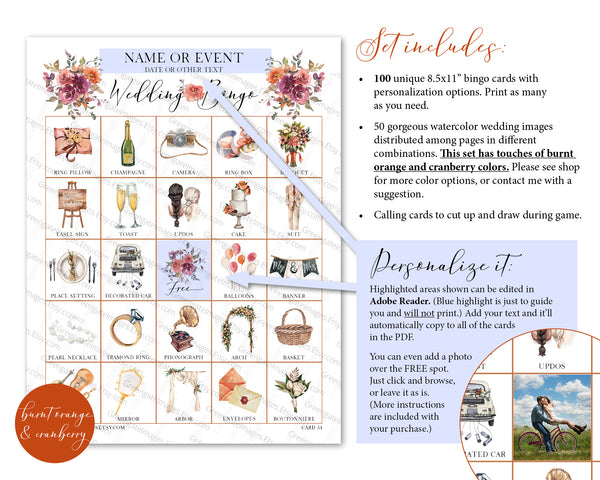 Wedding Bingo Cards - 100 card, Personalization, Burnt Orange and Cranberry