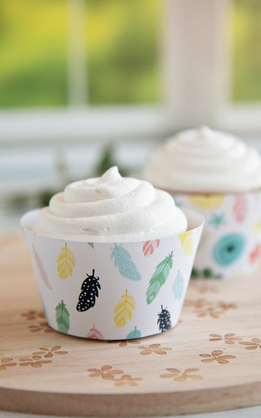 Boho Floral Feather Cupcake Wrappers