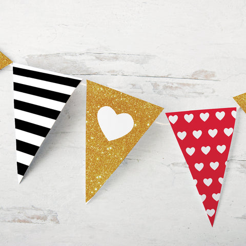 Valentine's Day Bunting - Red, Gold, Black Stripes and Hearts