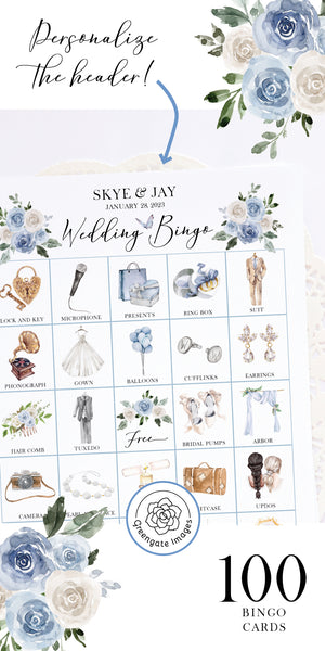 Wedding Bingo Cards - 100 card, Personalization, Dusty Blue