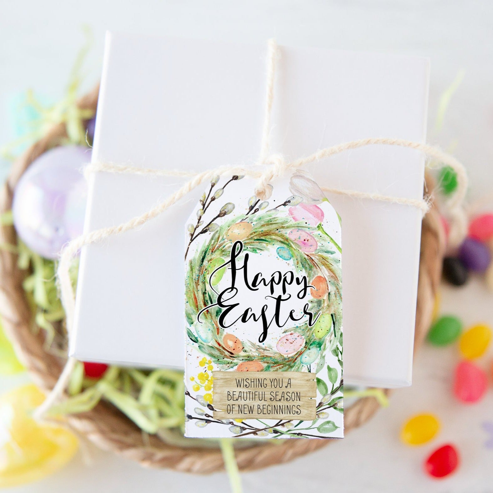 Easter Gift Tags - Botanical Wreath with Colorful Eggs
