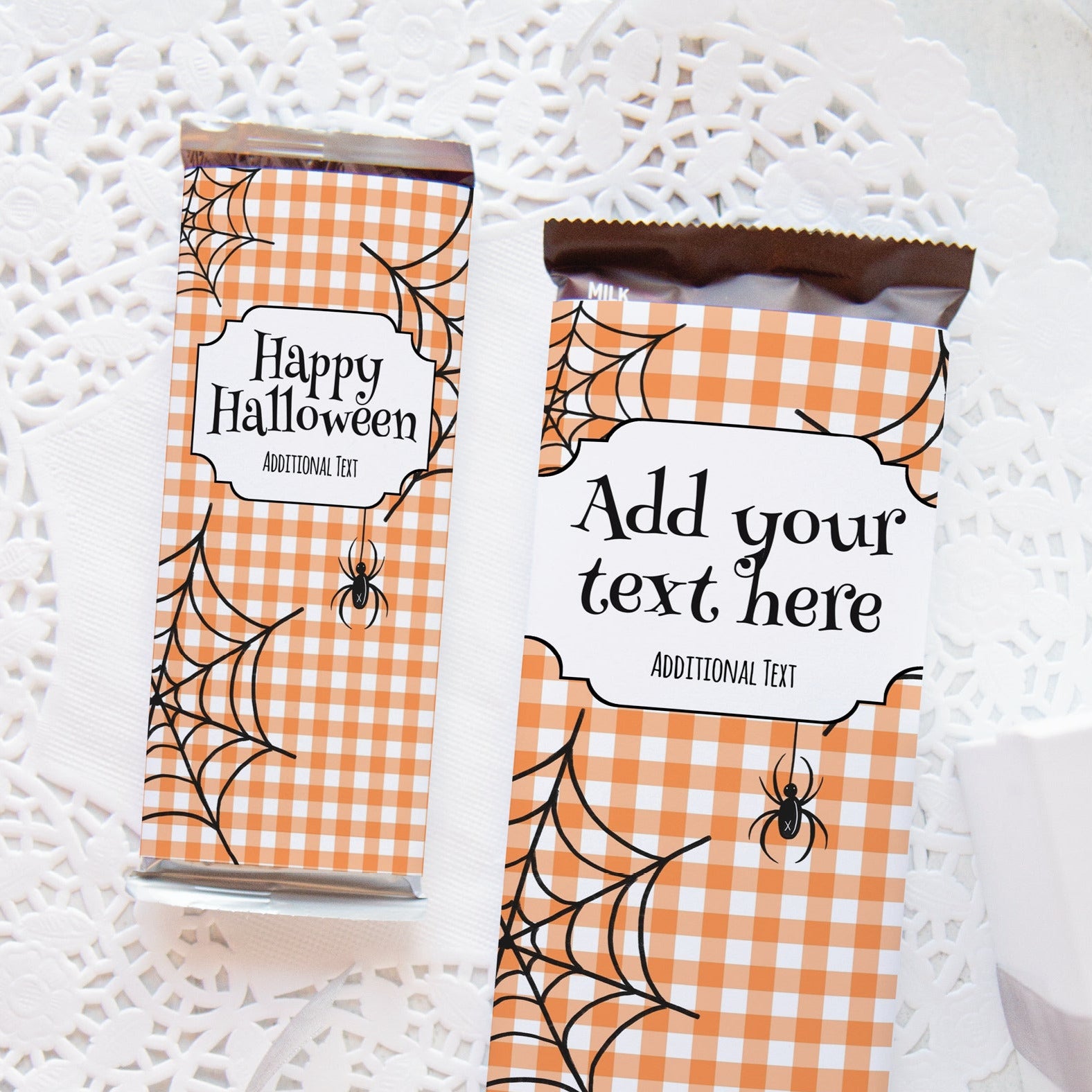 Spiderwebs and Orange Gingham Halloween Candy Bar Wrappers