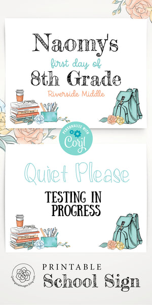 First Day of School Sign Template - Books and Backpack - Greengate Images