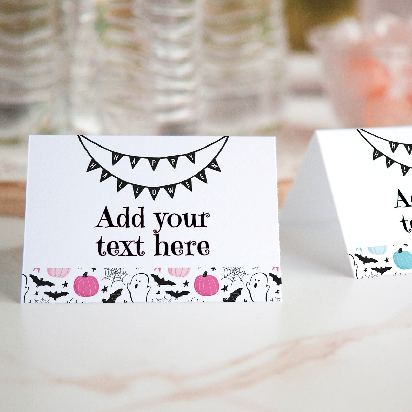 Pink and Blue Pumpkins Halloween Place Cards Duo