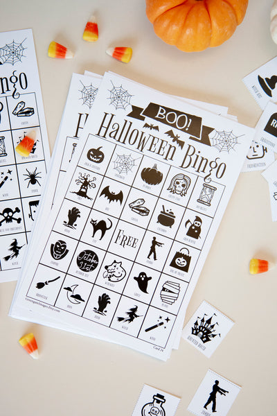 Halloween Bingo Cards - Black and White Doodles
