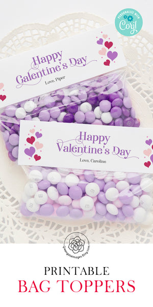 Galentine's/Valentine's Day Bag Toppers - 6.5" Purple and Pink Hearts