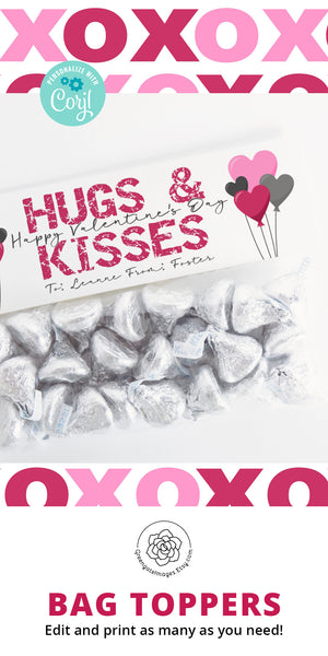 Hugs & Kisses Bag Topper - 6.5" Pink/Gray Balloons