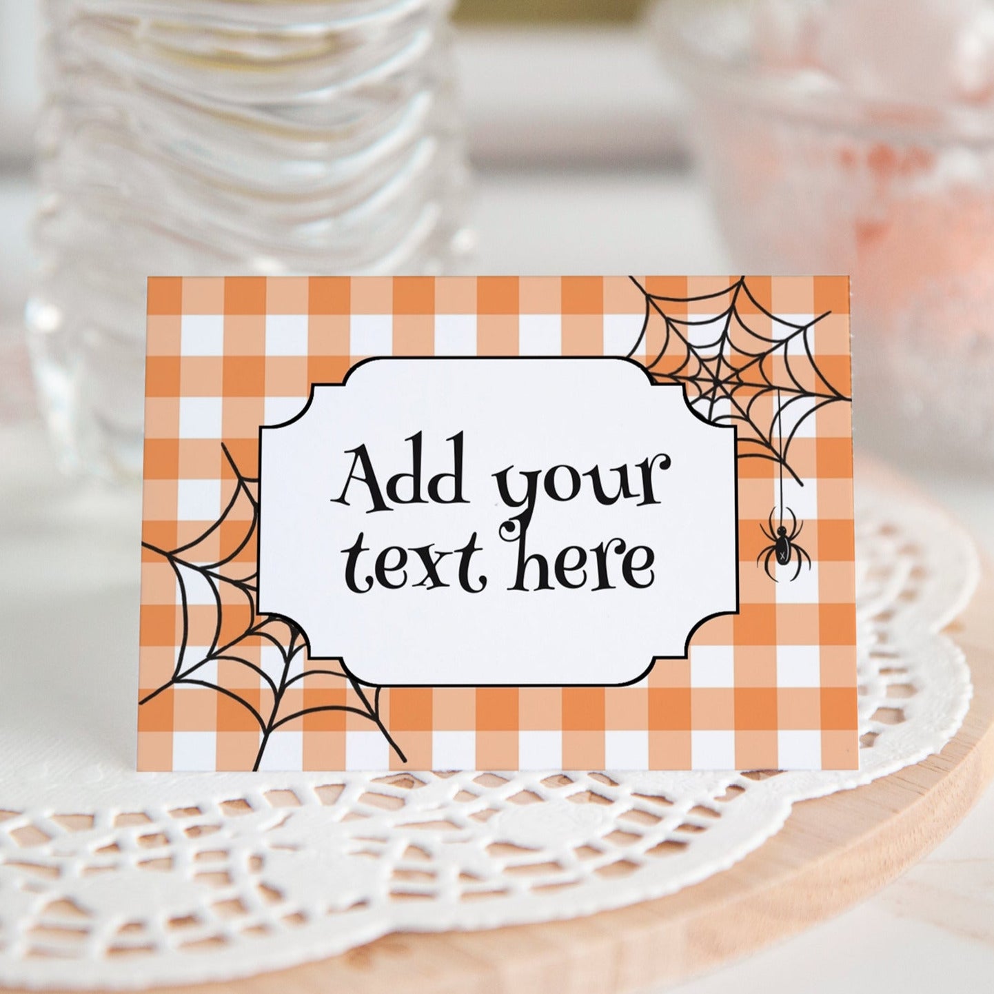 Spiderwebs and Orange Gingham Halloween Place Card