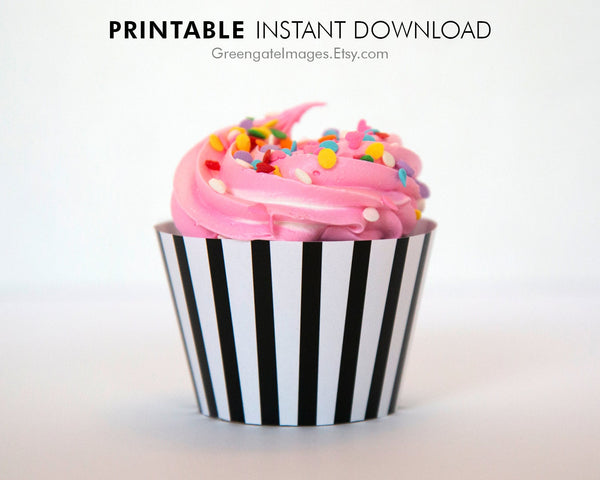 Black and White Striped Cupcake Wrapper - Printable Digital Download by Greengate Images