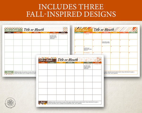 Editable Calendar Templates: blank calendar pages, fall calendar, 8.5x11" landscape, printable, any month and year, space for notes holidays