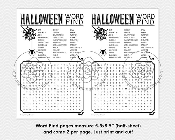 Halloween Word Find: Printable activity, black white, halloween word search, ink
