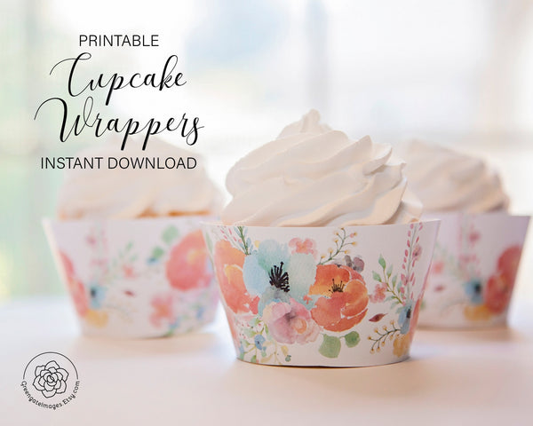 Floral Cupcake Wrappers - Peach, Light Blue, Watercolor