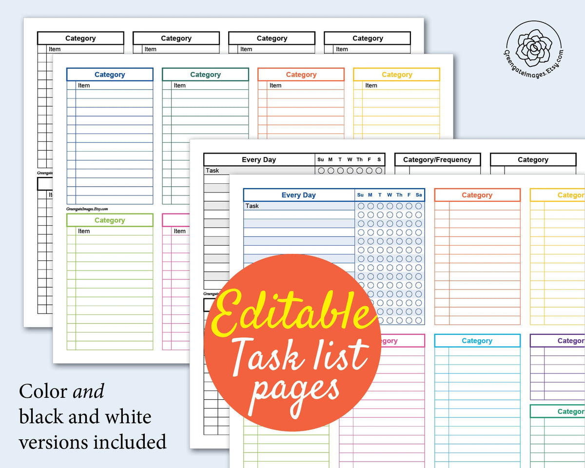 Task Checklist Pages - Editable, color-coded – Greengate Images