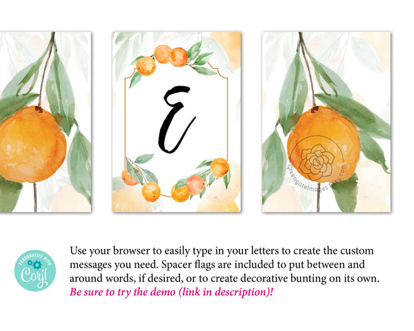 Oranges & Leaves Message Banner: Rectangle citrus bunting you edit in Corjl to create personalized banners. 100js - Printable Digital Download by Greengate Images