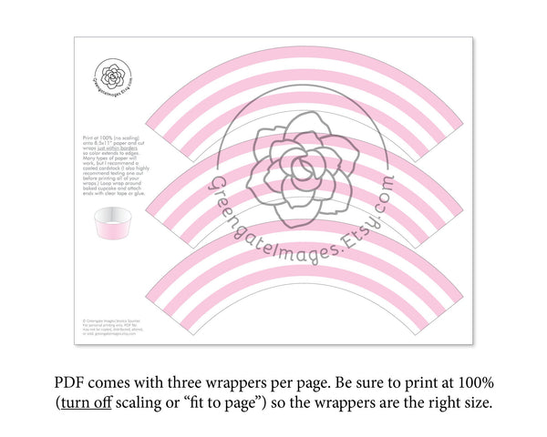 Pink Striped Printable Cupcake Wrapper - Printable Digital Download by Greengate Images