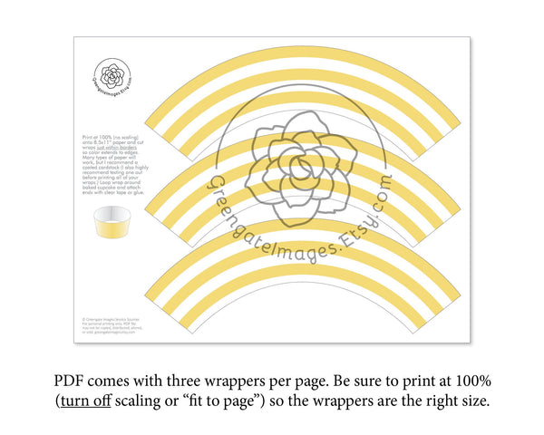 Butter Yellow Striped Printable Cupcake Wrapper - Printable Digital Download by Greengate Images
