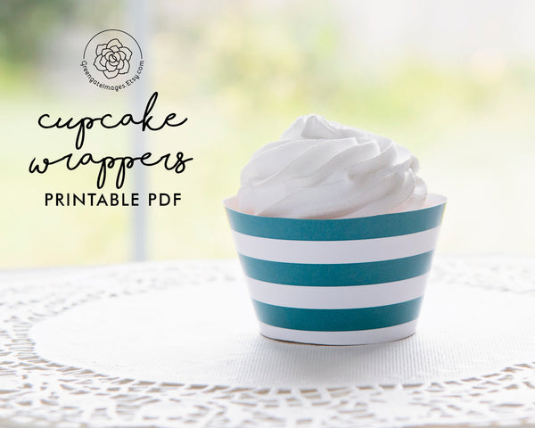 Teal Striped Printable Cupcake Wrapper - Printable Digital Download by Greengate Images