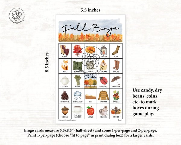 Fall Bingo Cards - Watercolor 1 - Greengate Images