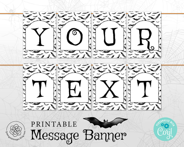 Halloween Banner: 5x7" rectangle bat bunting flags, Happy Halloween, add your own message in Corjl, printable banner, halloween party ideas