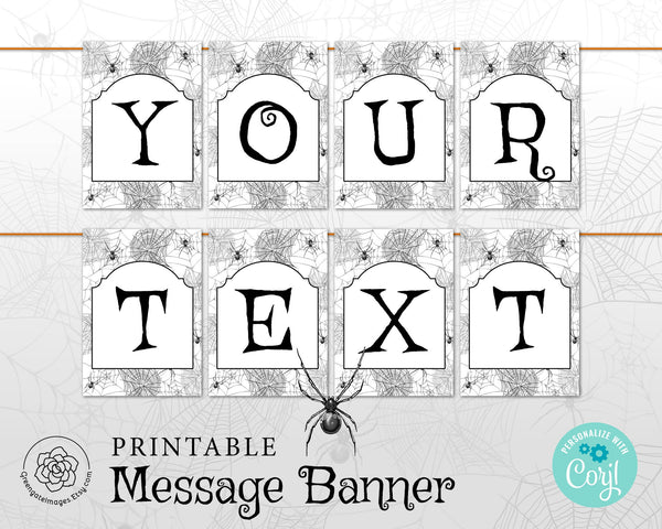 Halloween Spiderweb Banner: 5x7" bunting flags, Happy Halloween, add your own message in Corjl, printable banner, halloween party ideas