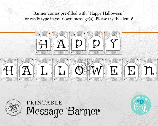 Halloween Spiderweb Banner: 5x7" bunting flags, Happy Halloween, add your own message in Corjl, printable banner, halloween party ideas