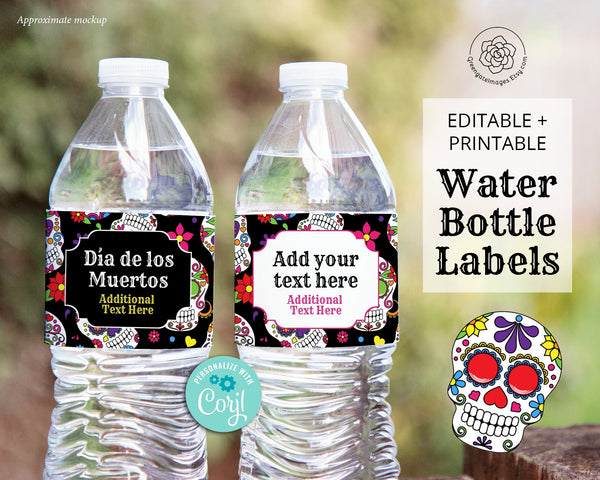 Dia de los Muertos Water Bottle Label  printable corjl editable, personalized water bottle, day of the dead ideas, black sugar skull pattern