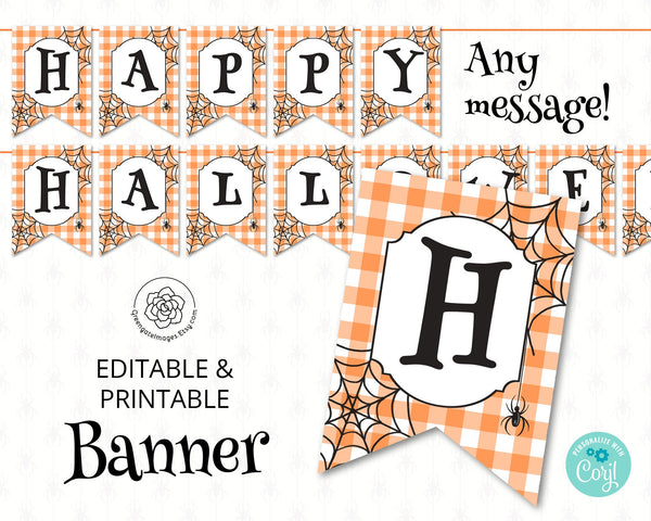 Halloween Banner: 5x7" spider webs bunting flags, Happy Halloween, add your own message in Corjl, printable banner, halloween party ideas