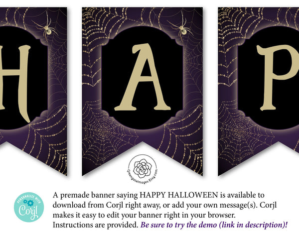 Halloween Banner: 5x7" swallowtail bunting flags, Happy Halloween, add your own message in Corjl, printable banner, halloween party ideas