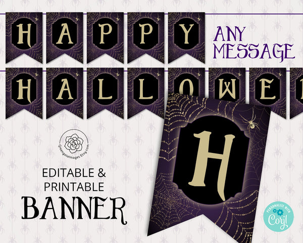 Halloween Banner: 5x7" swallowtail bunting flags, Happy Halloween, add your own message in Corjl, printable banner, halloween party ideas