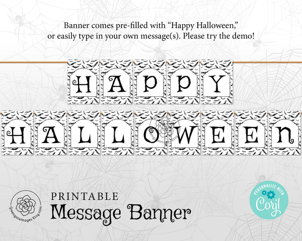 Halloween Banner: 5x7" rectangle bat bunting flags, Happy Halloween, add your own message in Corjl, printable banner, halloween party ideas