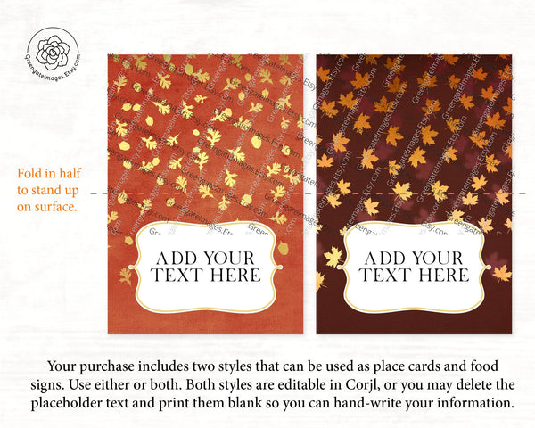 Fall Gold Leaf Place Cards Duo - Orange and Brown - Printable Digital Download by Greengate Images