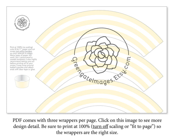 Light Pale Yellow Striped Printable Cupcake Wrapper - Printable Digital Download by Greengate Images
