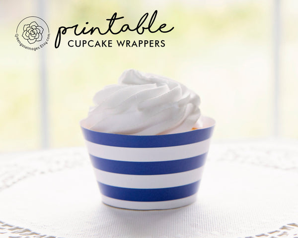 Blue Striped Printable Cupcake Wrapper 