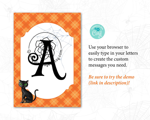 Black Cat Banner: 5x7" Halloween bunting flags, Happy Halloween, add your own message in Corjl, printable banner halloween party ideas kitty