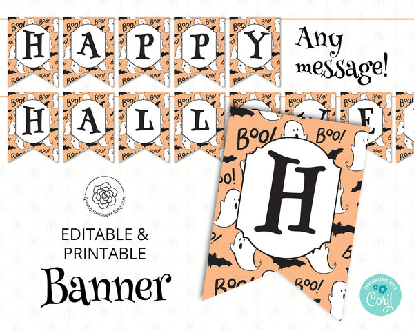 Halloween Banner: 5x7" peach ghosts bunting flags, Happy Halloween, add your own message in Corjl, printable banner, halloween party ideas