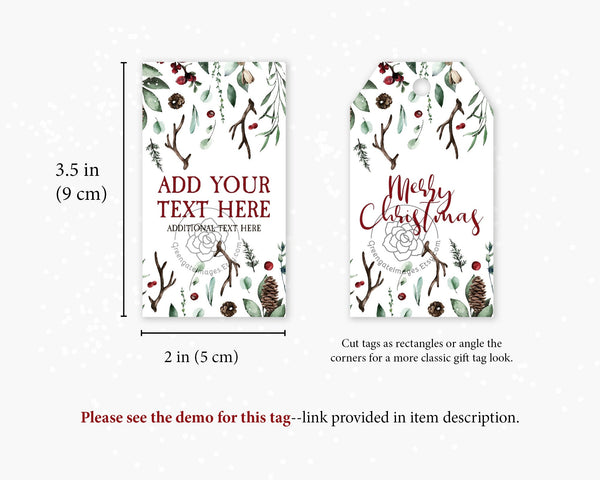 Christmas Gift Tags - Antlers and greenery, Corjl editable, favor tags, printable hang tags, 2x3.5 inches, bag tags, winter wedding ideas