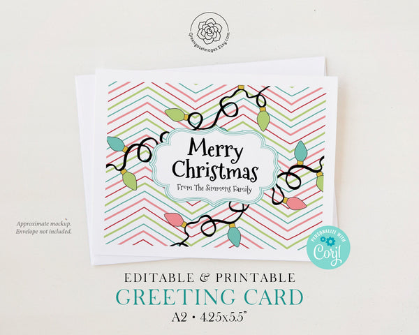 Christmas Card: PRINTABLE, editable note card, personalize in Corjl, christmas card ideas, A2 notecard size, edit inside message, colorful