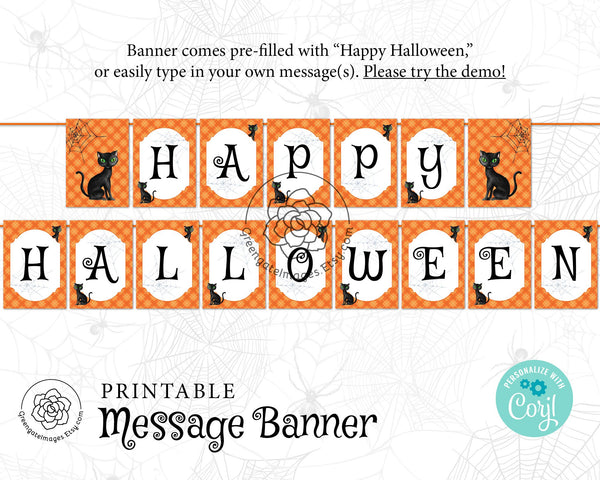 Black Cat Banner: 5x7" Halloween bunting flags, Happy Halloween, add your own message in Corjl, printable banner halloween party ideas kitty