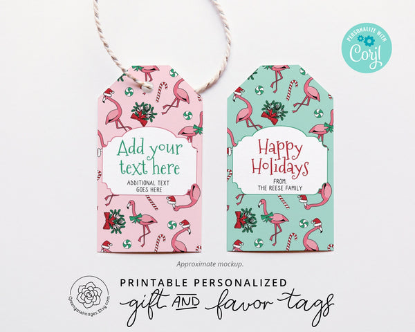 Christmas Flamingo Gift Tags - Corjl editable, favor tags, printable hang tags, 2x3.5 inches, bag tags, christmas gift tags, mint and pink