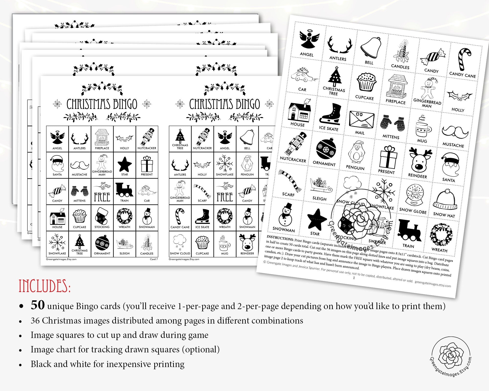 christmas bingo - black and white – greengate images