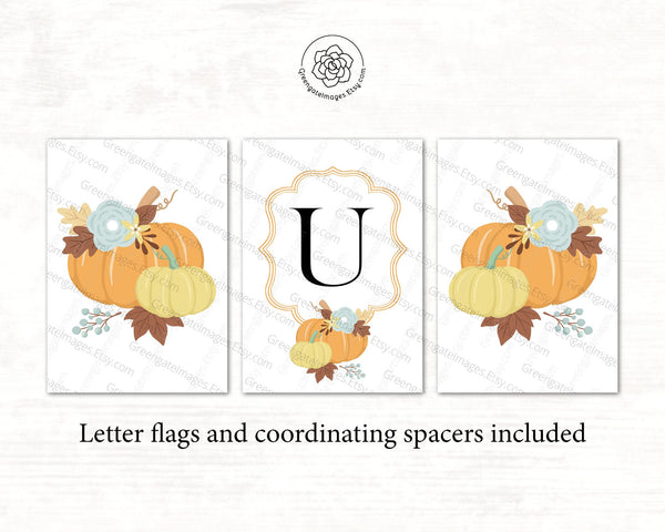 Thanksgiving Banner: Pumpkin bunting flags, add your own message in Corjl, printable banner, fall bridal baby shower ideas, pumpkins floral