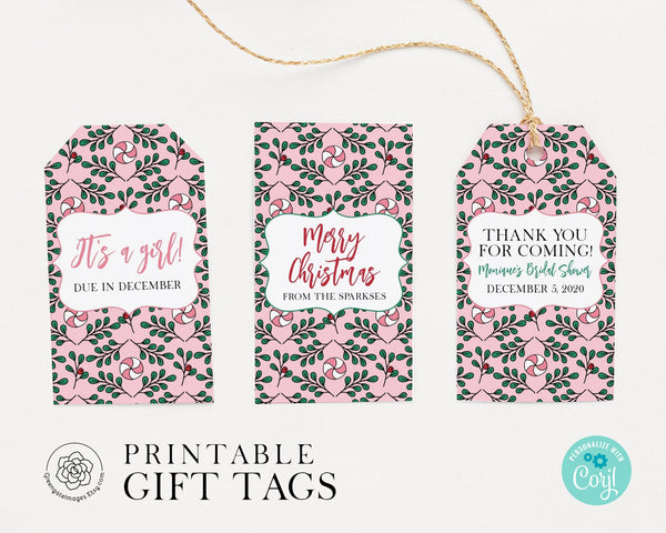 Pink Christmas Gift Tags - Corjl editable, favor tags, printable hang tags, 2x3.5 inches, bag tags, baby shower ideas, winter bridal shower