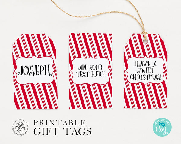 Candy Cane Striped Gift Tags - Corjl editable, favor tags, printable hang tags, 2x3.5 inches, bag tags, christmas gift tags, peppermint red