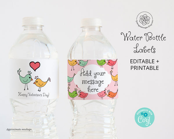 Valentine Water Bottle Label - printable, corjl editable, beverage wrap, galentines day, valentine printables, custom text, love bird design